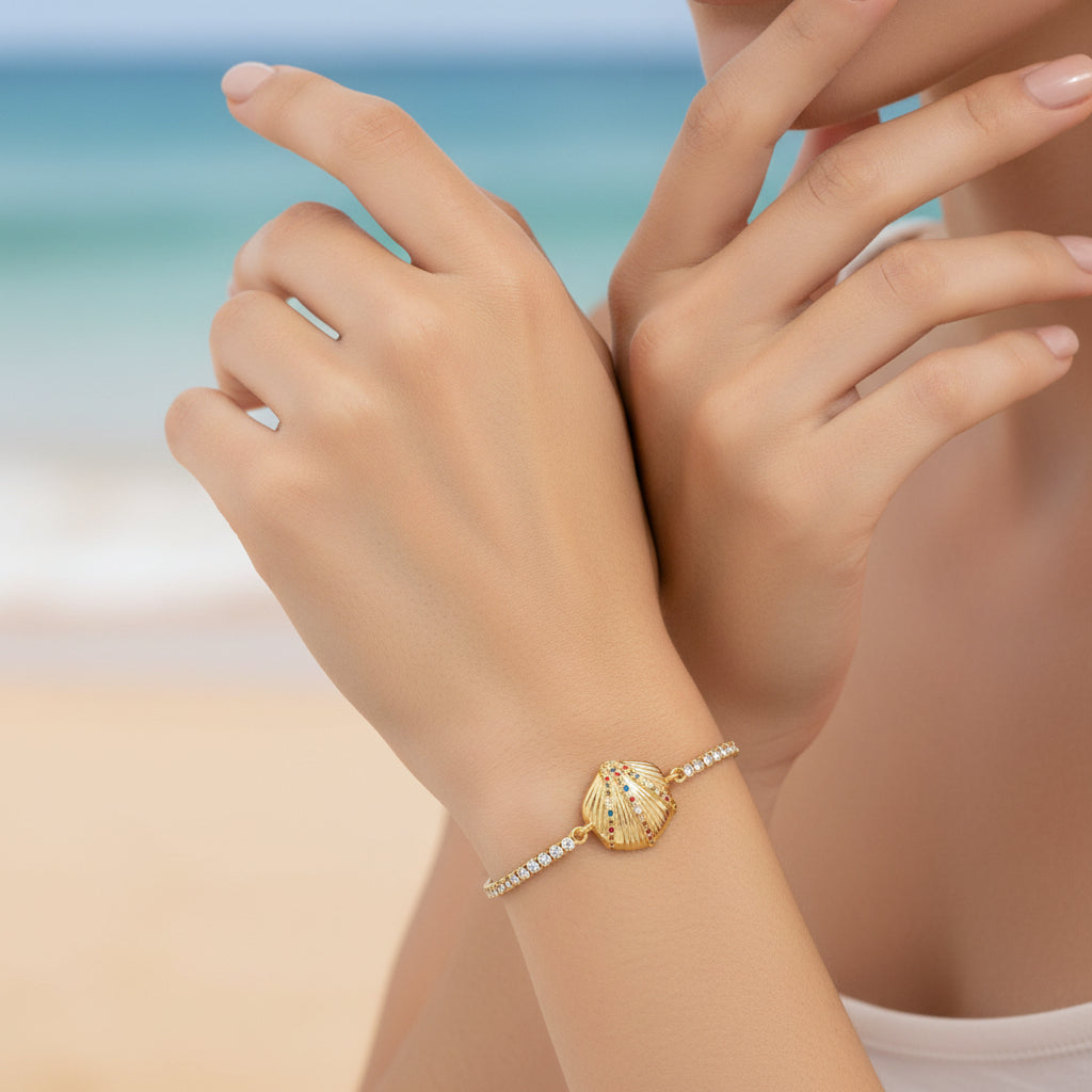18K Gold Filled Adjustable Box Chain Bracelet With Clear and Multicolor CZ Stones And A Sea Shell Charm (I141)