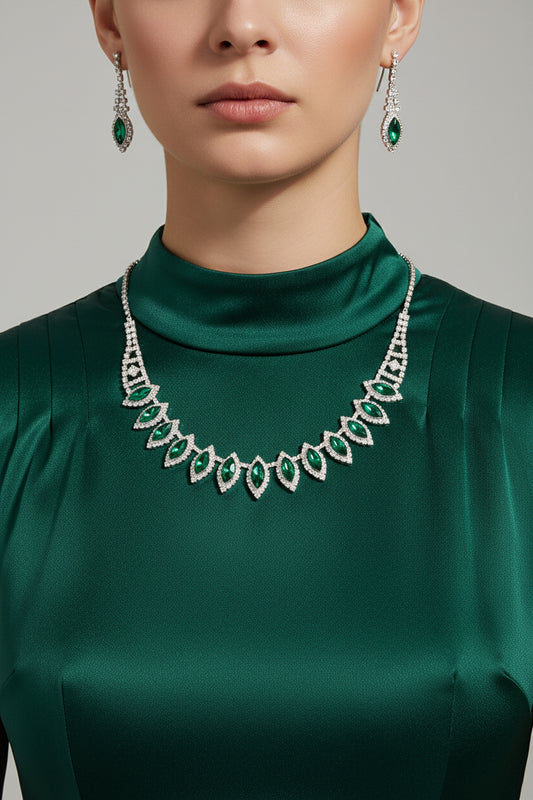 Luxurious Jewellery Set Green Imitation Gemstone Collar Necklace Dangle Earrings