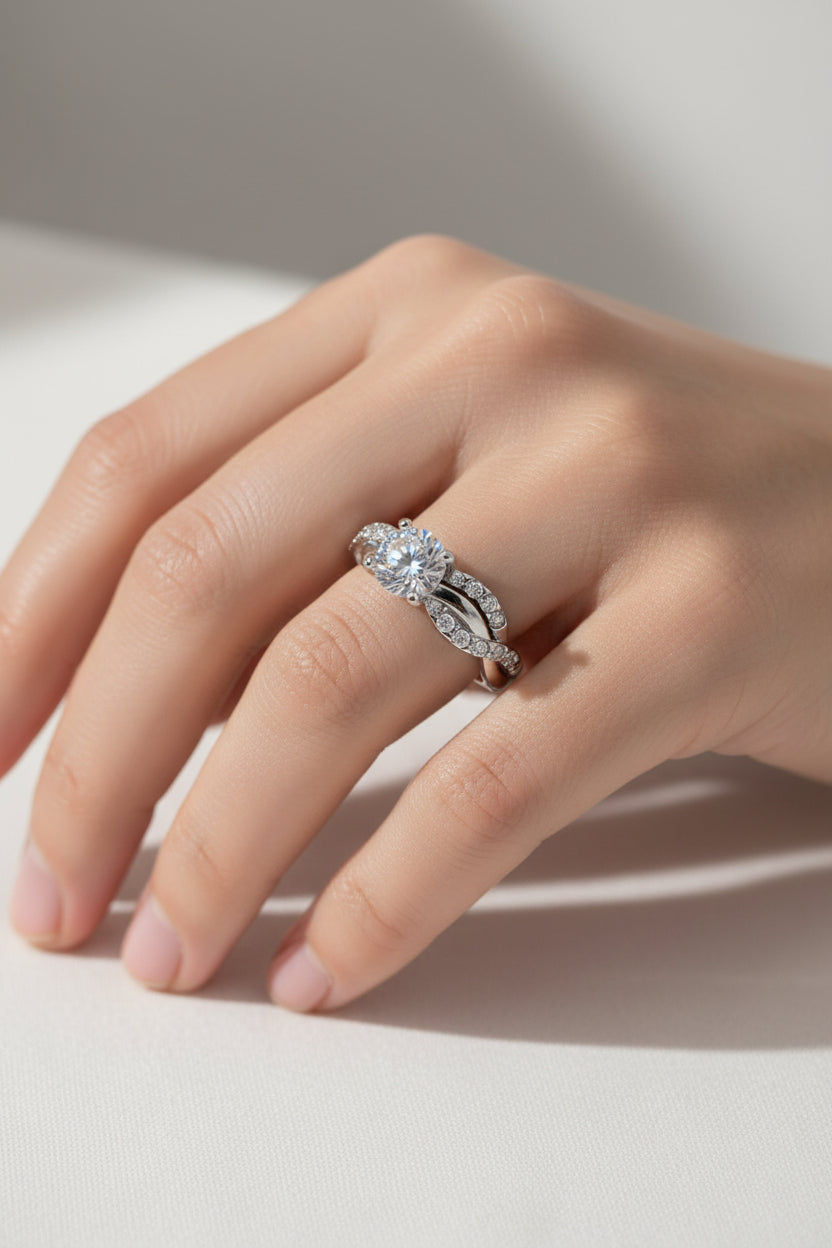 2pcs Luxury Women Band Simulated Diamond Silver Finger Wedding Engagement Ring