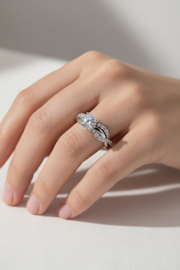 2pcs Luxury Women Band Simulated Diamond Silver Finger Wedding Engagement Ring