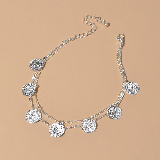 1 pc Boho Chic Double layer Silver Chain Cion Charm Anklet Foot Beach Jewellery