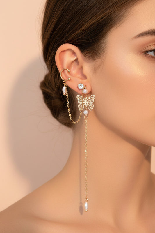 1pc Crystal Pearl Butterfly Long Chain Cartilage Stud Earring Stunning Ear Cuff
