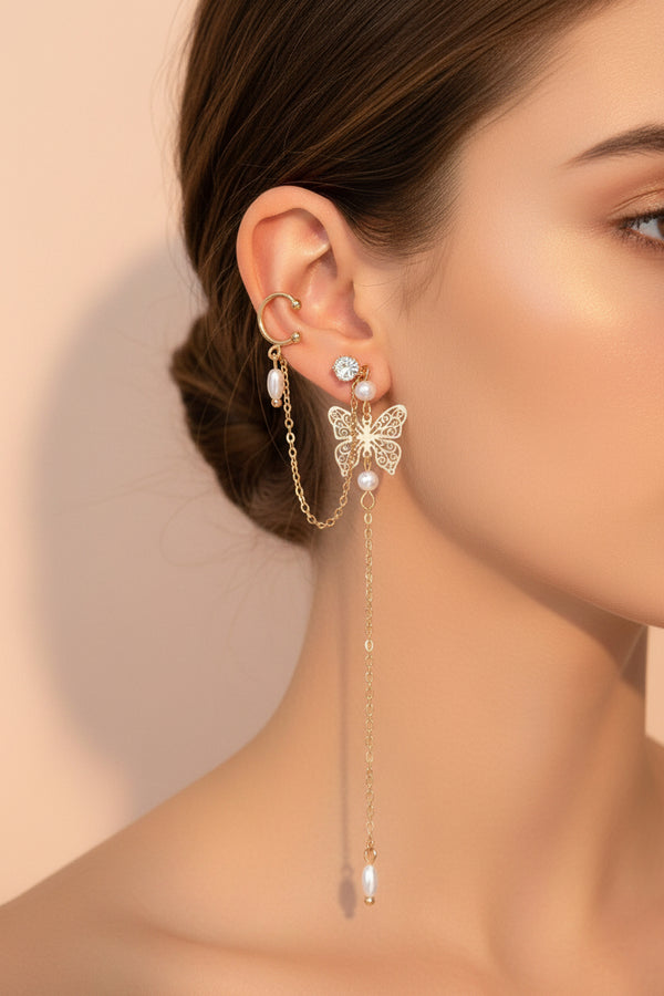 1pc Crystal Pearl Butterfly Long Chain Cartilage Stud Earring Stunning Ear Cuff