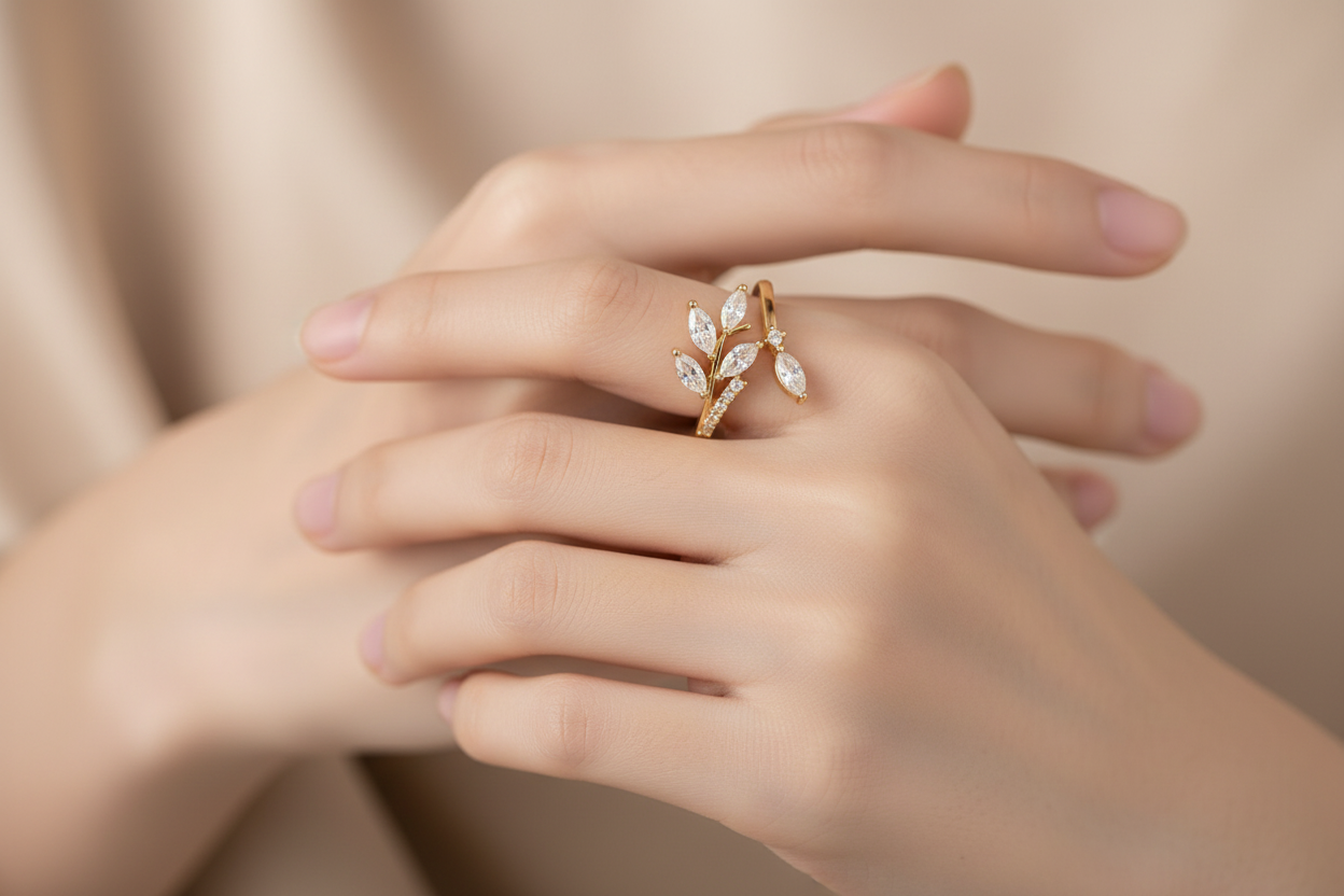 Gold ring with diamond-like stones on a beige background
