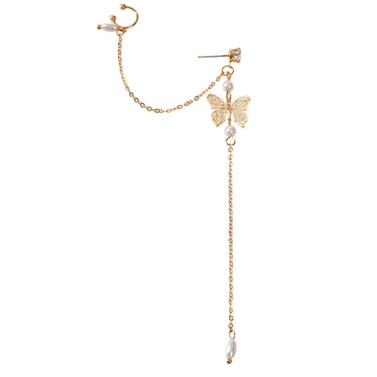 1pc Crystal Pearl Butterfly Long Chain Cartilage Stud Earring Stunning Ear Cuff