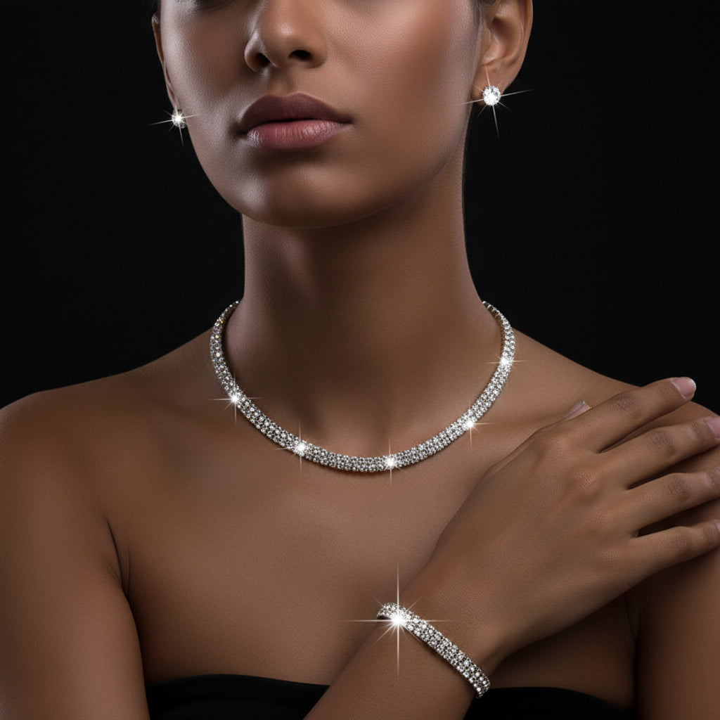 Fashion Crystal Bride Jewelry Set Rhinestone Silver-plated Wedding Dress Banquet Necklace Earring Set Ladies Gift