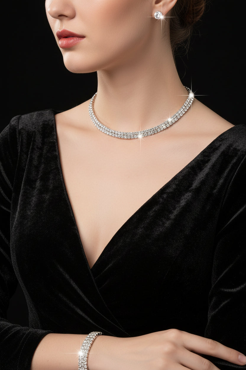 Fashion Crystal Bride Jewelry Set Rhinestone Silver-plated Wedding Dress Banquet Necklace Earring Set Ladies Gift