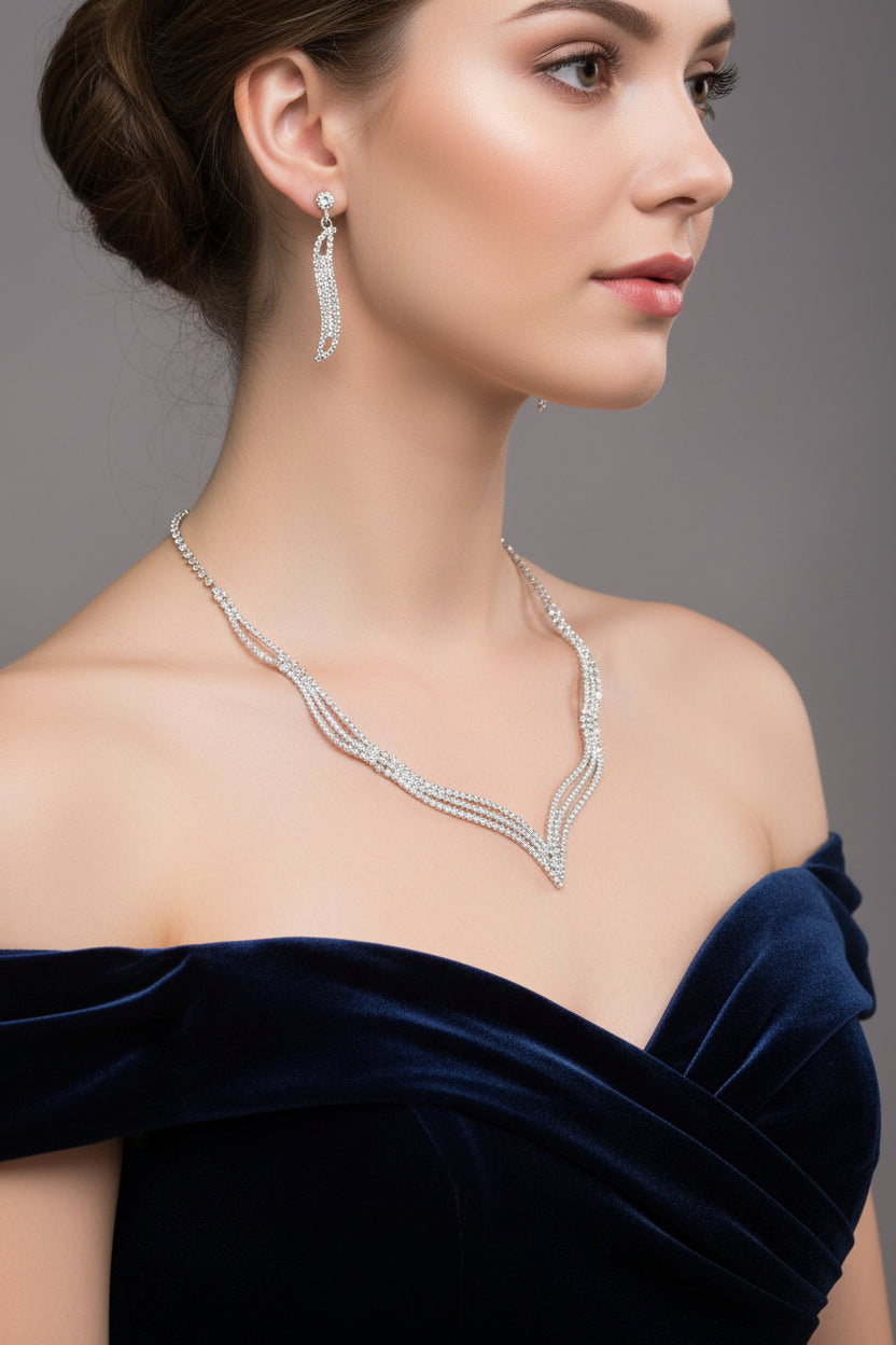 Fashion Crystal Bride Jewelry Set Rhinestone Silver-plated Wedding Dress Banquet Necklace Earring Set Ladies Gift