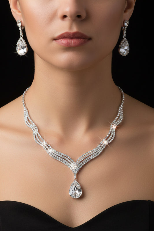 Fashion Crystal Bride Jewelry Set Rhinestone Silver-plated Wedding Dress Banquet Necklace Earring Set Ladies Gift