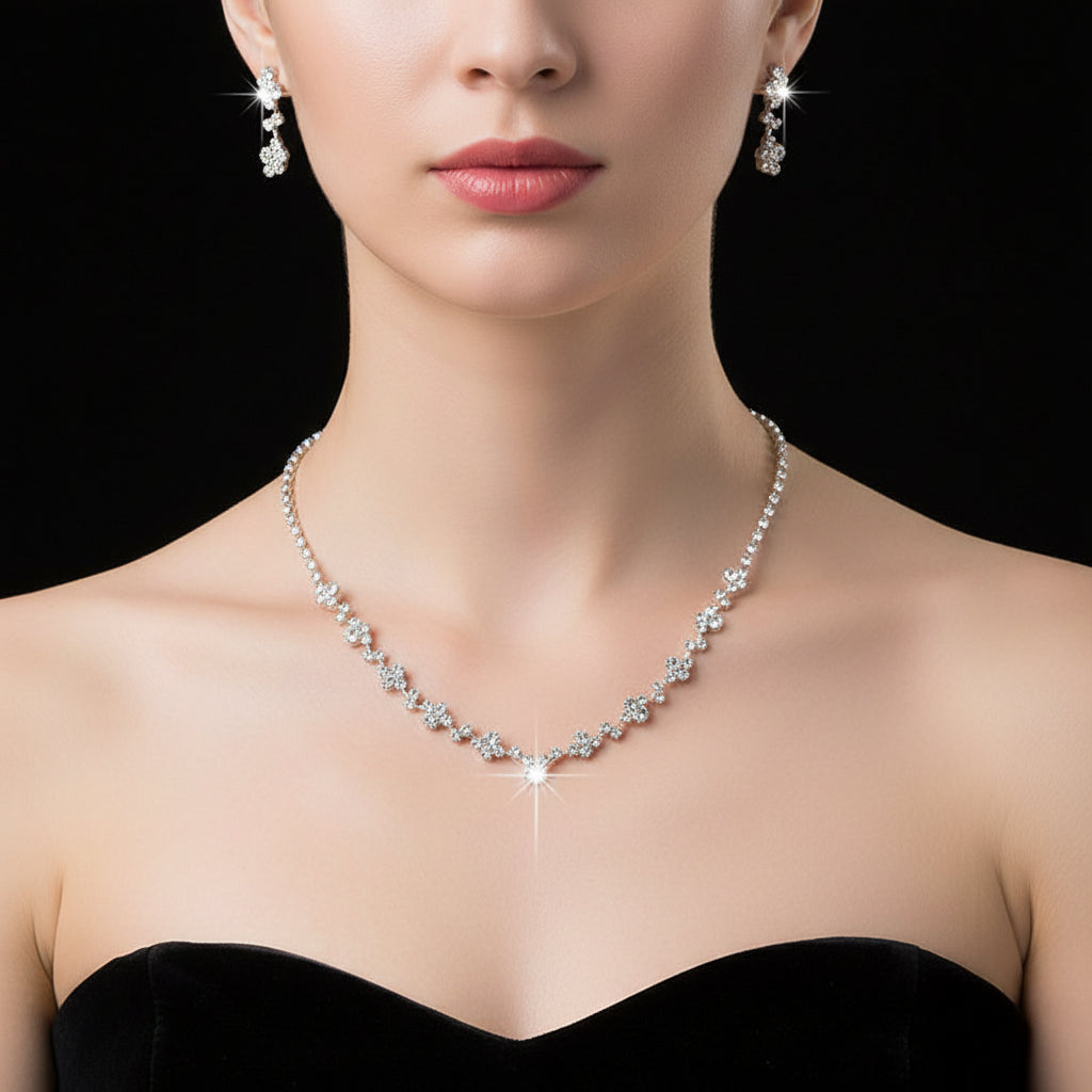 Fashion Crystal Bride Jewelry Set Rhinestone Silver-plated Wedding Dress Banquet Necklace Earring Set Ladies Gift