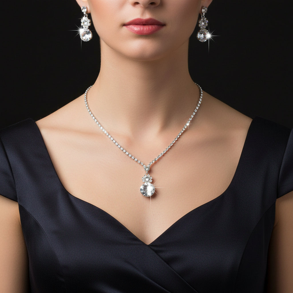 Fashion Crystal Bride Jewelry Set Rhinestone Silver-plated Wedding Dress Banquet Necklace Earring Set Ladies Gift