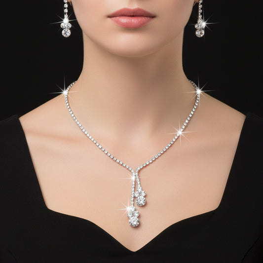 Fashion Crystal Bride Jewelry Set Rhinestone Silver-plated Wedding Dress Banquet Necklace Earring Set Ladies Gift
