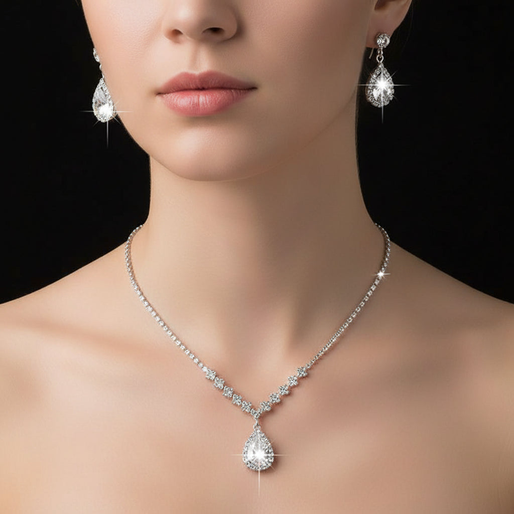 Fashion Crystal Bride Jewelry Set Rhinestone Silver-plated Wedding Dress Banquet Necklace Earring Set Ladies Gift